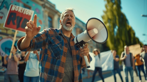 Foto man met megafoon leidt protest landbouwers protesteren