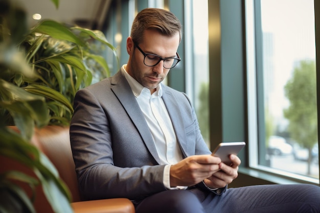 Man met mobiele telefoon voor kantoor