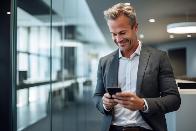 Man met mobiele telefoon voor kantoor