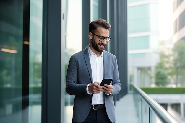 Man met mobiele telefoon voor kantoor