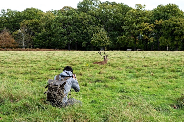 Foto man met paard op het veld in het bos