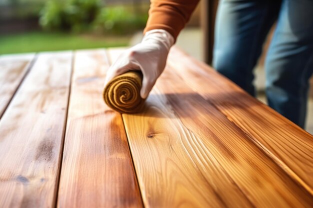 Foto man met penseel die houtvlek op houten oppervlak binnen close-up aanbrengt