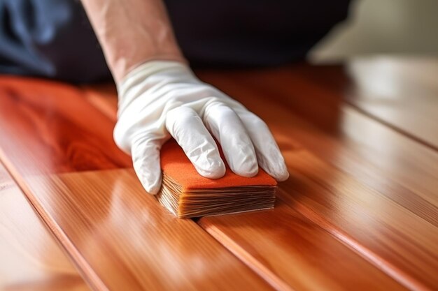 Man met penseel die houtvlek op houten oppervlak binnen close-up aanbrengt