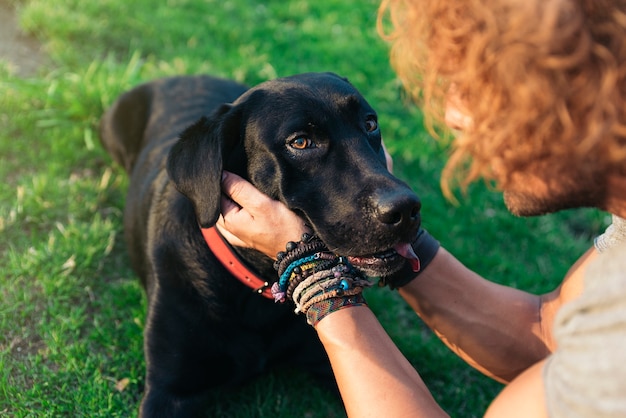 Foto man met plezier en spelen met zijn hond in het park.