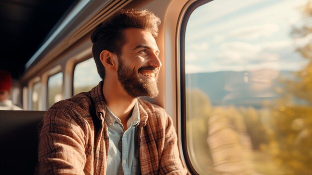 man met rugzak en koptelefoon in de trein