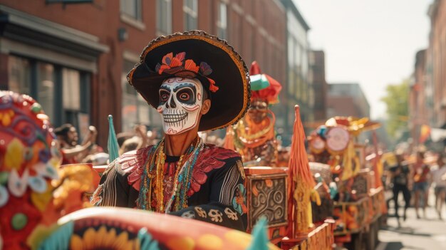 Man met skeletgezicht geschilderd in Mexicaanse hoed Chico De Mayo