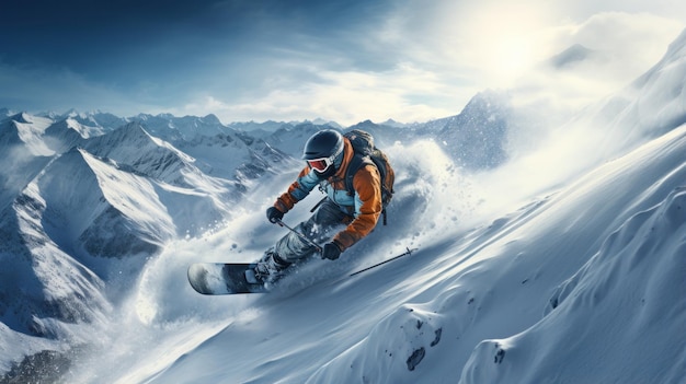 Man met skibril rijdt op een snowboard vanaf een besneeuwde berg