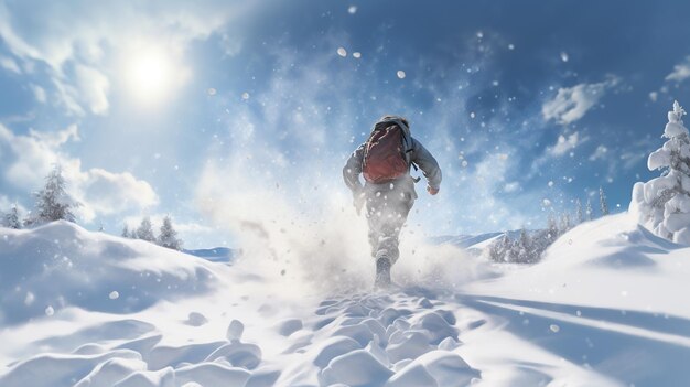 Man met sneeuwschoenwandelaar die in poedersneeuw loopt. Afbeelding over activiteit van het winterseizoen, kopieer ruimte voor tekst