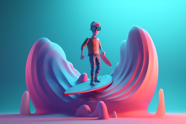 Man met surfplank 3d illustratie