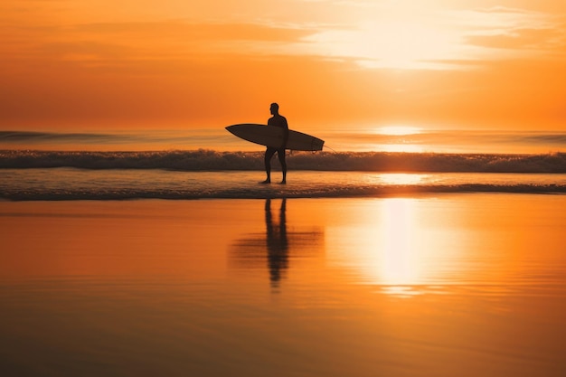 Man met surfplank op zee strand bij zonsondergang Generatieve AI