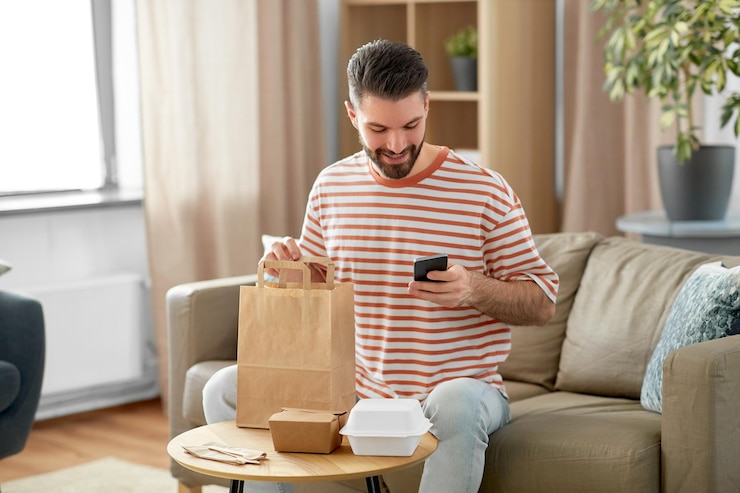 Foto man met telefoon die thuis de bestelling van eten controleert