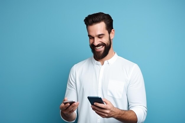 Man met telefoon op blauwe achtergrond