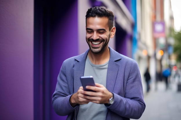 Man met telefoon op paarse achtergrond