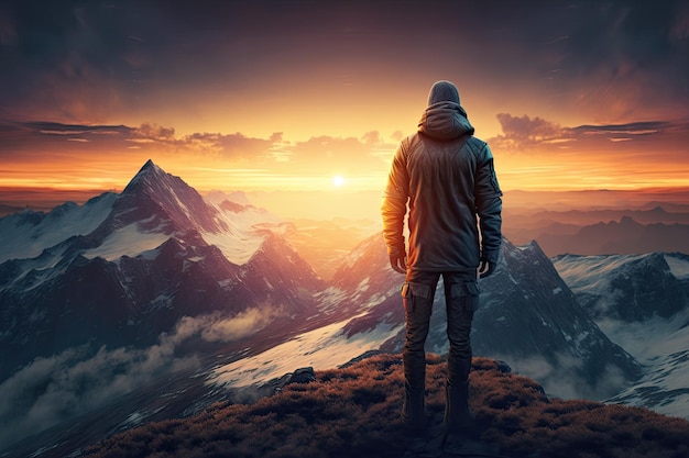 Man met uitzicht op de zonsopgang op de bergtop