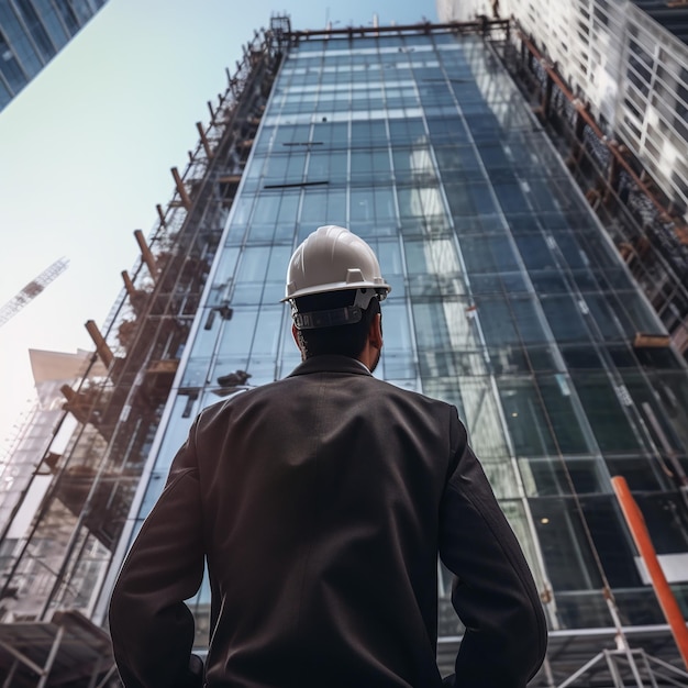 Man met veiligheidshut die naar het gebouw onder bouw kijkt Landontwikkelingsconcept