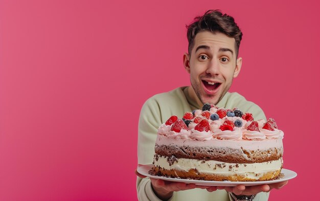 man met verjaardagstaart op een vaste achtergrond Bakkerij of gelukkige verjaardag concept Ruimte voor tekst