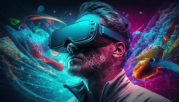 Man met virtual reality-bril kleurrijke illustratie Generatieve AI