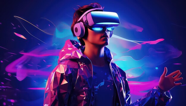 man met virtual reality-bril omringd door virtuele gegevens met neon-ultraviolette lijnen