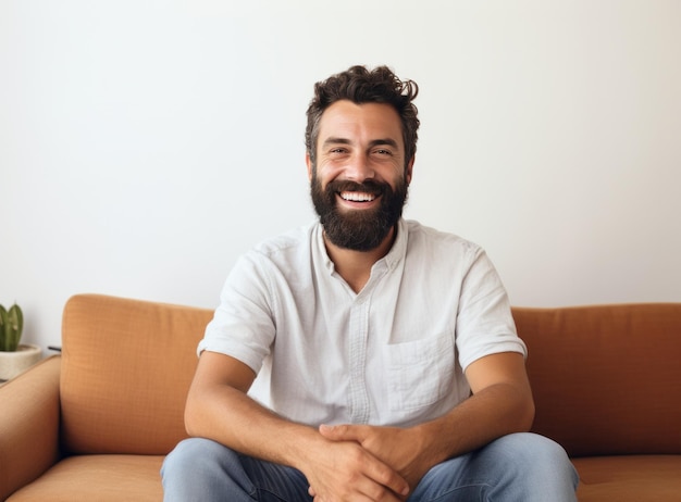 Man met volle baard zittend op een bank thuis