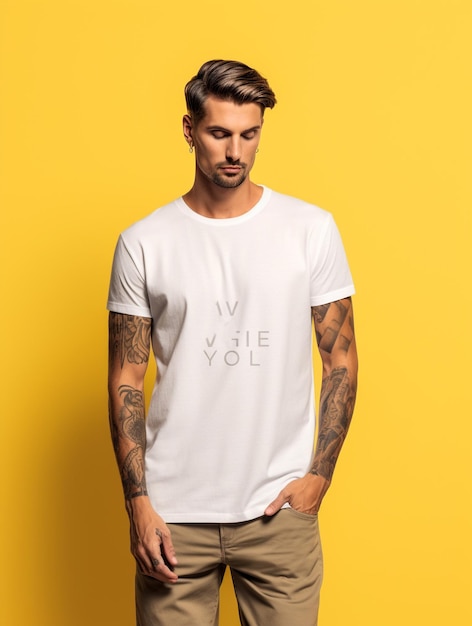 Man met wit T-shirt op gele achtergrond close-up Mockup voor ontwerp