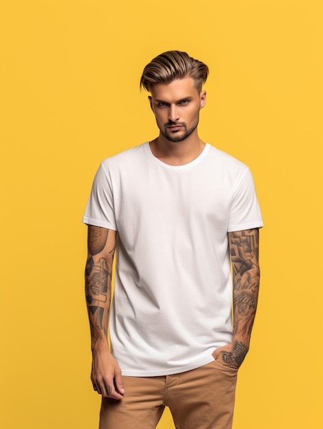 Man met wit T-shirt op gele achtergrond close-up Mockup voor ontwerp