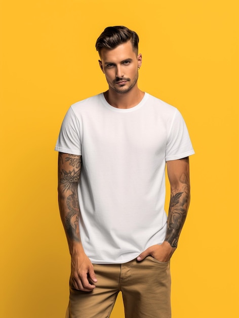 Man met wit T-shirt op gele achtergrond close-up Mockup voor ontwerp