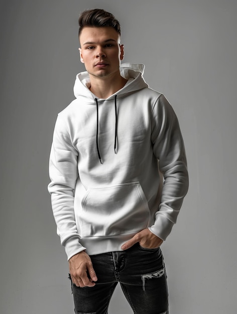 Man met witte trui met hoodie met zwarte spijkerbroek geïsoleerd op een gewone achtergrond