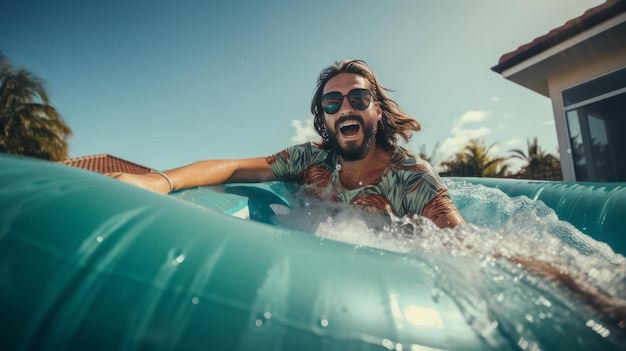 Man met zonnebril drijft in zwembad