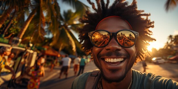 Man met zonnebril op de achtergrond van het azuurblauwe strand Generatieve AI