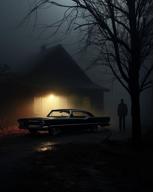Man met zwarte hoed en auto staat bij een huis's nachts.