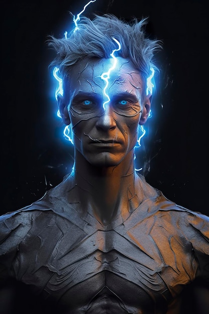 A man in a metal body with blue eyes looking at lightning AI Generative