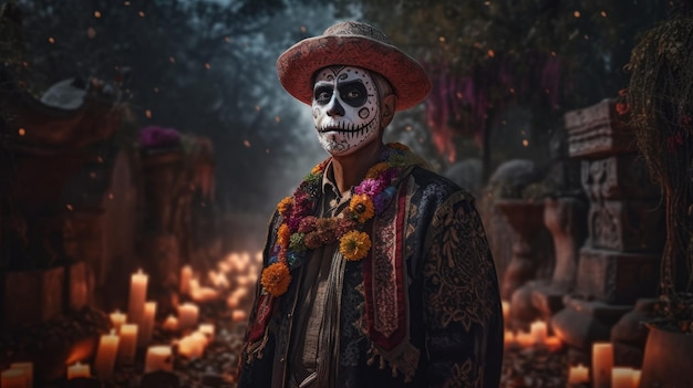 A man in a mexican hat and jacket with a skull on it stands in front of a graveyard.