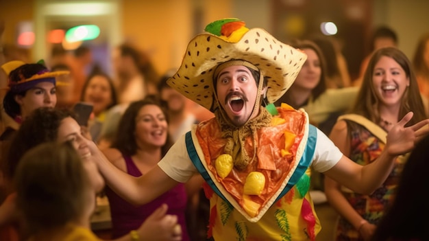 A man in a mexican hat and a taco hat dances in a crowded bar.