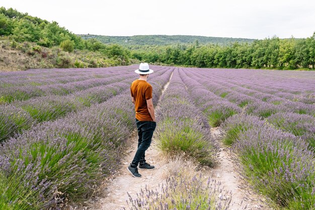 Foto man midden in een lavendelveld