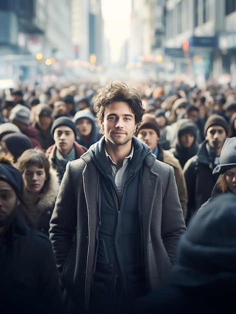 man in the middle of a blurred crowd in NYC travel man with landscape travel blog