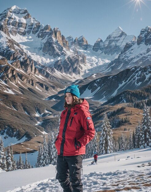 Man in the middle of the mountain with a ski or snowboard outfit entire cover and with a snowy mou