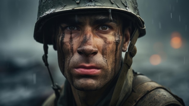 A man in a military helmet with a dirty face