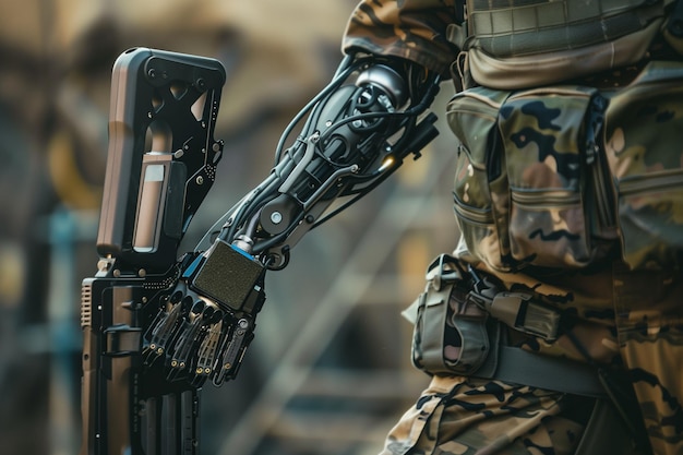 A man in a military uniform holding a gun with a robotic arm Concept of futuristic technology