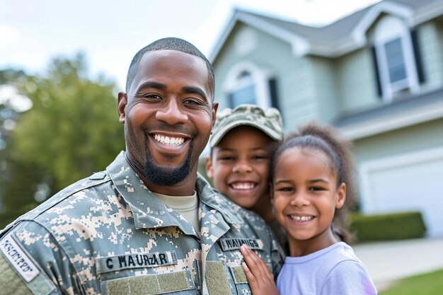 a man in a military uniform holding a little girl