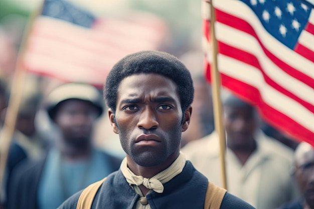 A man in a military uniform holds an american flag.