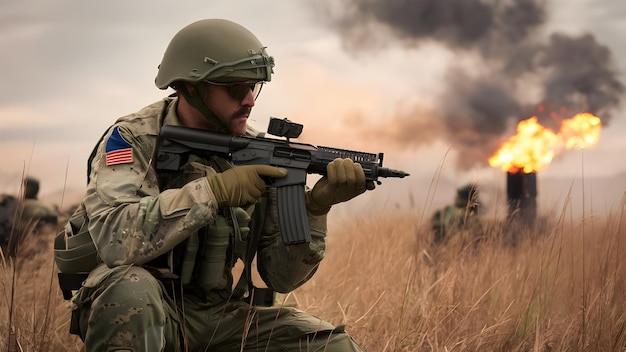 Foto un uomo in uniforme militare tiene una pistola davanti a un fuoco sullo sfondo