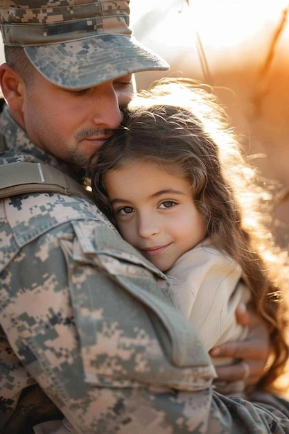 a man in a military uniform hugging a little girl