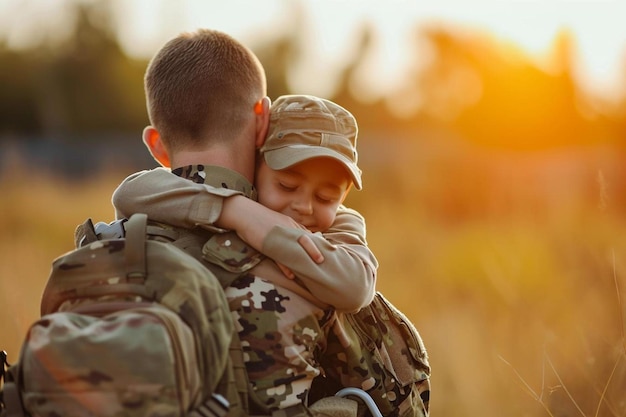 a man in a military uniform hugging a woman