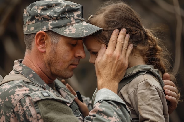 Photo a man in a military uniform is comforting a young girl