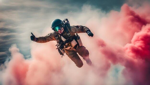 Photo a man in a military uniform is flying a red smoke trail