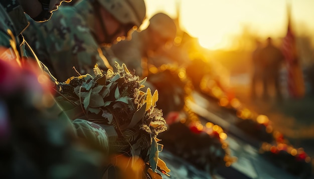 A man in a military uniform is kneeling down to place flowers on a grave