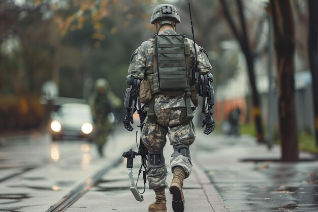 A man in a military uniform is walking down a street with a backpack