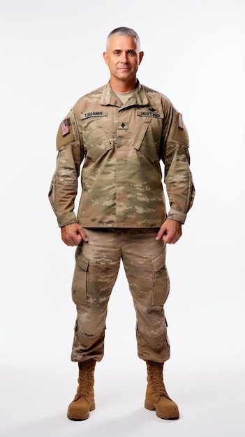 군복을 입은 남자가 사진을 찍기 위해 포즈를 취하고 있다