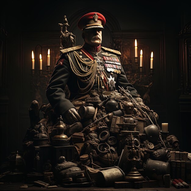 a man in a military uniform sits in a pile of junk