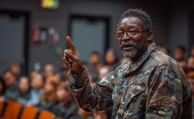 Man in military uniform speaks to crowd